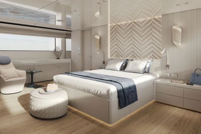 Slide: The Image of Luxurious bedroom interior of 2027 Sanlorenzo SD118 yacht with modern design and elegant decor. - 11