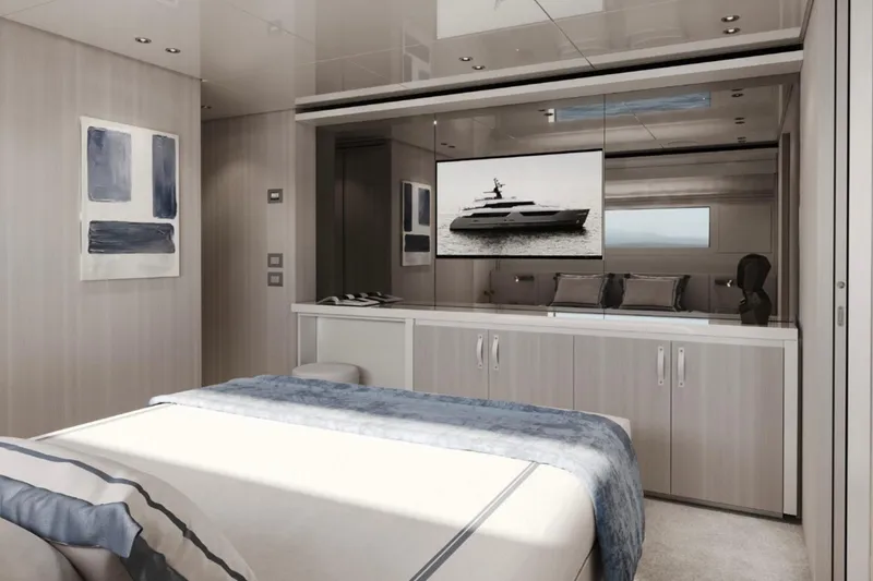 Slide: The Image of Luxurious Sanlorenzo SD118 2027 yacht bedroom with modern decor and elegant furnishings. - 13