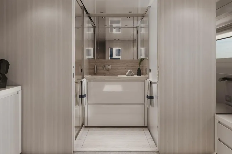 Slide: The Image of Luxurious bathroom interior of 2027 Sanlorenzo SD118 yacht, featuring modern design and elegant fixtures. - 14