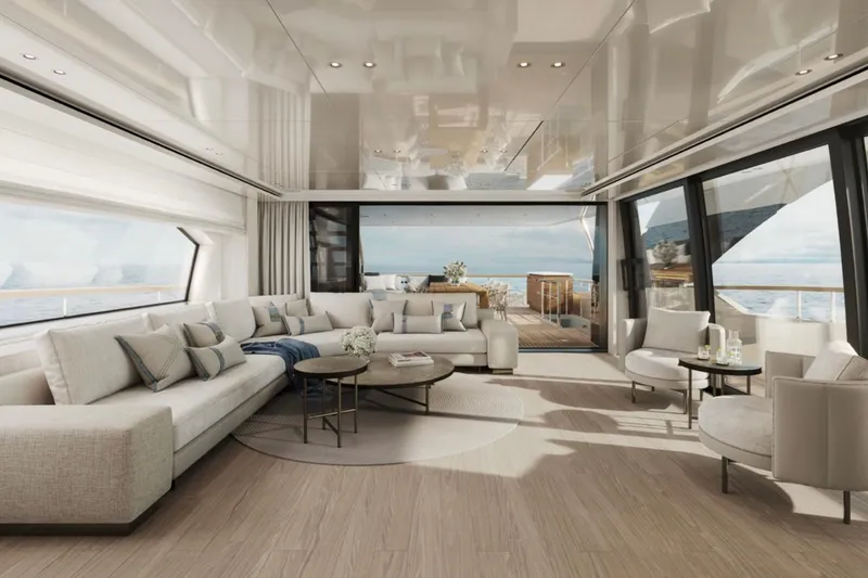 Slide: The Image of Luxurious interior of 2027 Sanlorenzo SD118 yacht with elegant seating and ocean view. - 15