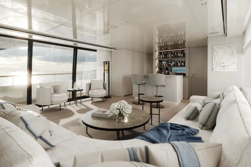 Slide: The Image of Luxurious interior of 2027 Sanlorenzo SD118 yacht with elegant seating and bar area. - 16