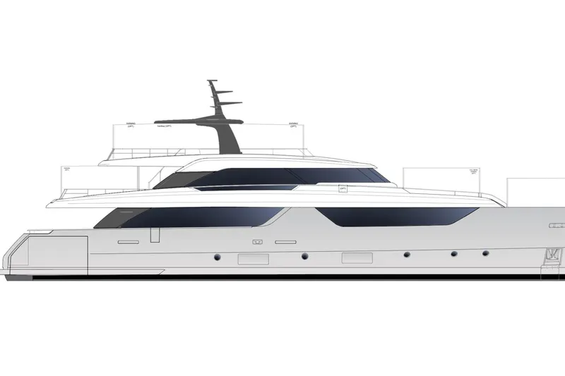 Slide: The Image of Side view of 2027 Sanlorenzo SD118 yacht, showcasing sleek design and modern architecture. - 18