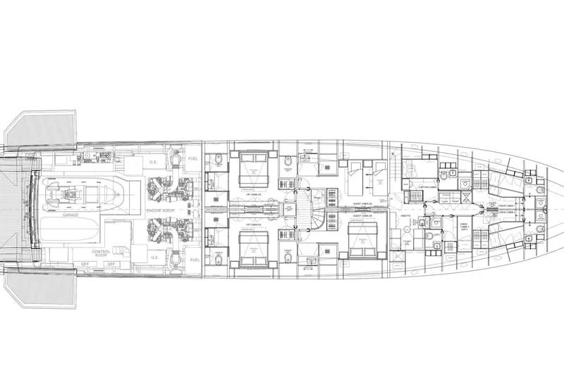 Slide: The Image of Floor plan of 2027 Sanlorenzo SD118 yacht, showcasing detailed cabin and engine room layout. - 22
