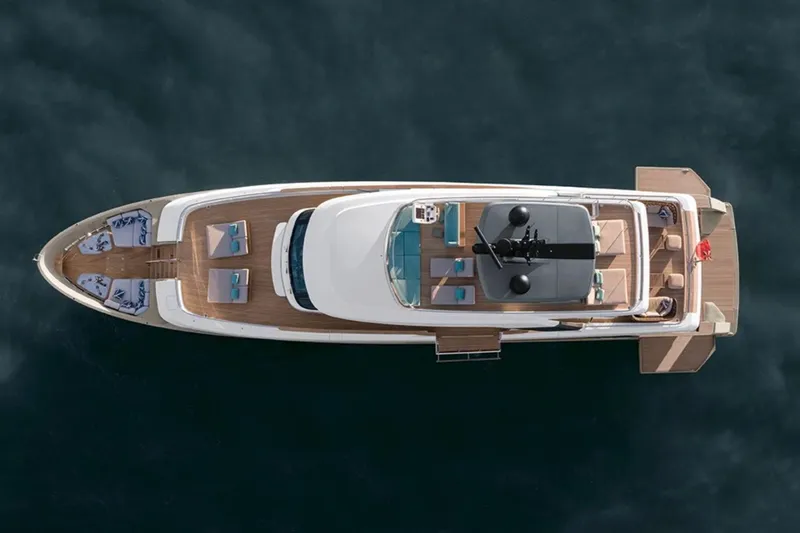 Slide: The Image of Aerial view of 2027 Sanlorenzo SD118 luxury yacht on calm water. - 4