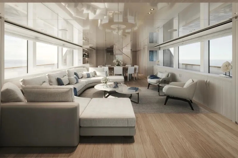 Slide: The Image of Luxurious interior of 2027 Sanlorenzo SD118 yacht with modern furnishings and panoramic windows. - 6