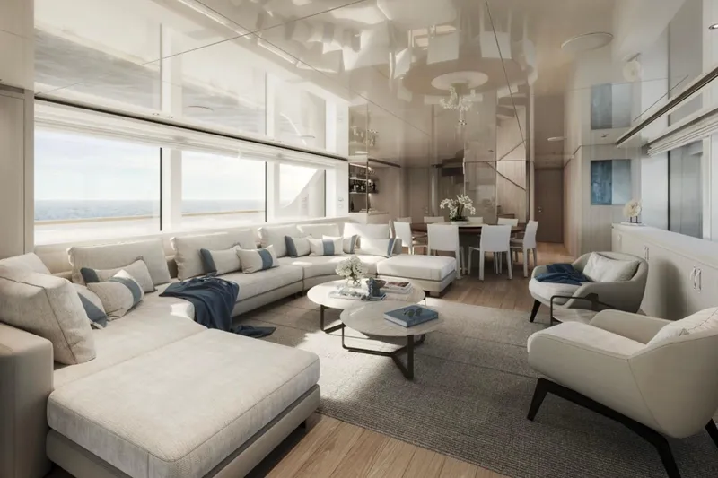 Slide: The Image of Luxurious interior of 2027 Sanlorenzo SD118 yacht with elegant seating and dining area. - 7