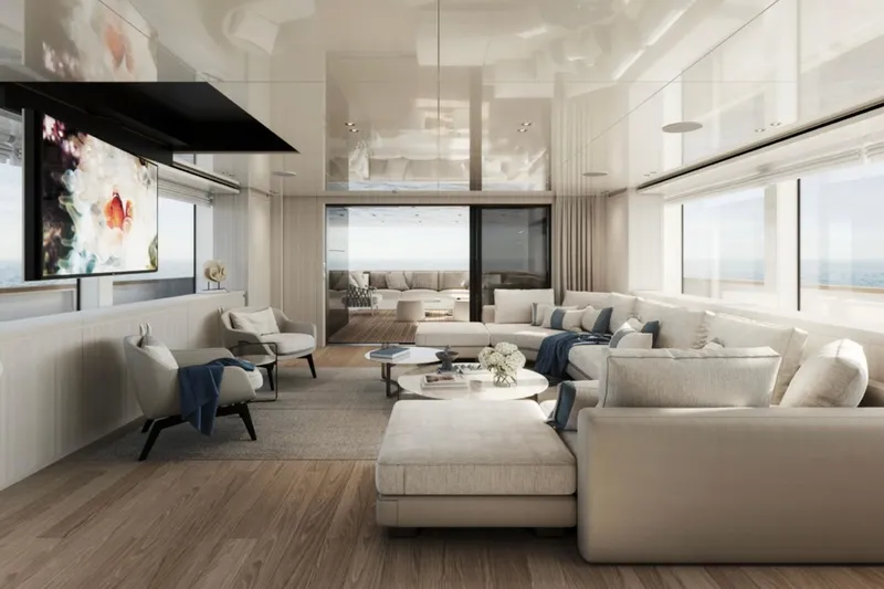 Slide: The Image of Luxurious interior of 2027 Sanlorenzo SD118 yacht with modern furnishings and ocean view. - 8