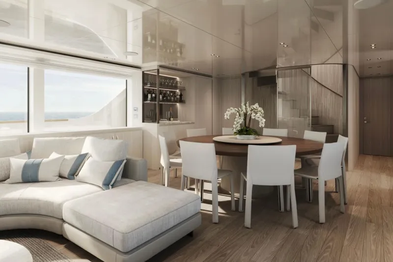 Slide: The Image of Luxurious interior of 2027 Sanlorenzo SD118 yacht with elegant dining area and modern decor. - 9