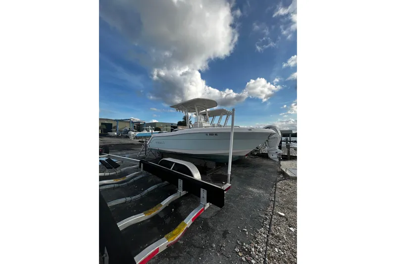 The Image of 2016 Robalo R222 Center Console boat on trailer under cloudy sky. - 1