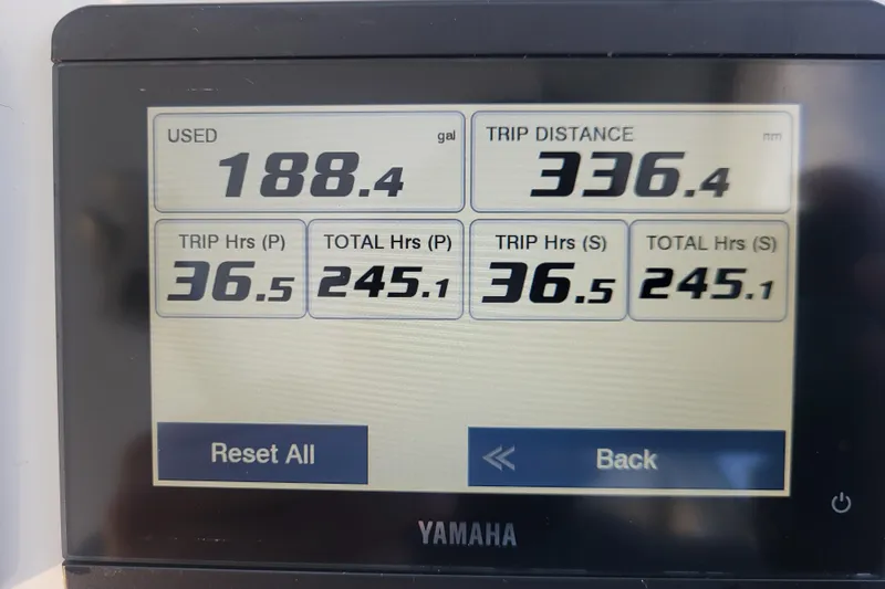 Slide: The Image of Yamaha display showing fuel usage and trip data for 2021 Steiger Craft 255 DV MIAMI. - 79