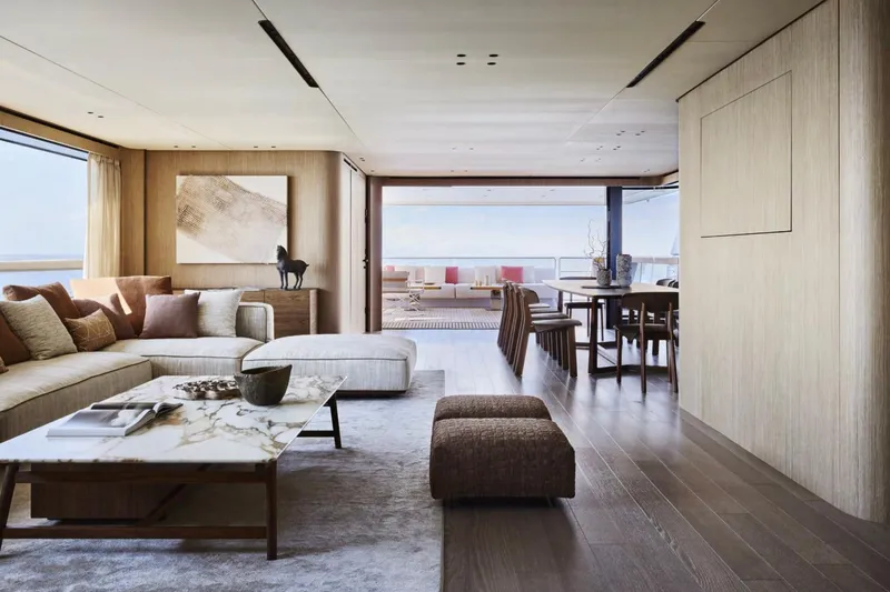 Slide: The Image of Luxurious interior of 2028 Sanlorenzo SD132 yacht with modern decor and ocean view. - 14