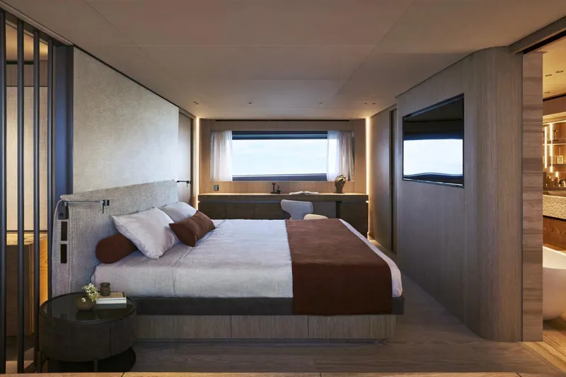 Slide: The Image of Luxurious bedroom interior of 2028 Sanlorenzo SD132 yacht, featuring modern design and ocean view. - 16