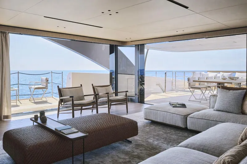 Slide: The Image of Luxurious interior of 2028 Sanlorenzo SD132 yacht with ocean view and elegant seating. - 19