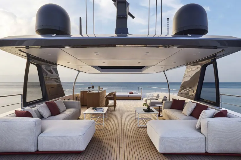 Slide: The Image of Luxurious 2028 Sanlorenzo SD132 yacht deck with elegant seating and ocean view. - 23