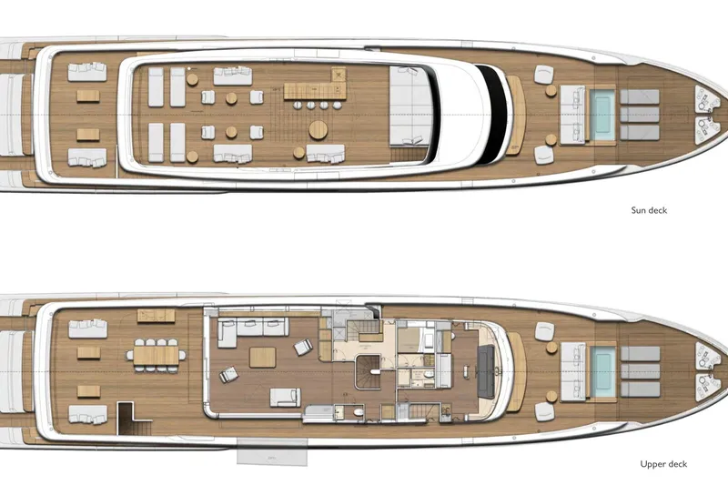 Slide: The Image of Deck layout of 2028 Sanlorenzo SD132 yacht, featuring sun and upper decks. - 26