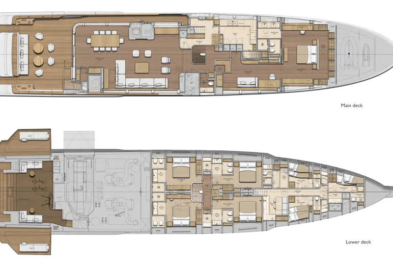 Slide: The Image of Floor plan of 2028 Sanlorenzo SD132 yacht, showcasing main and lower decks. - 27