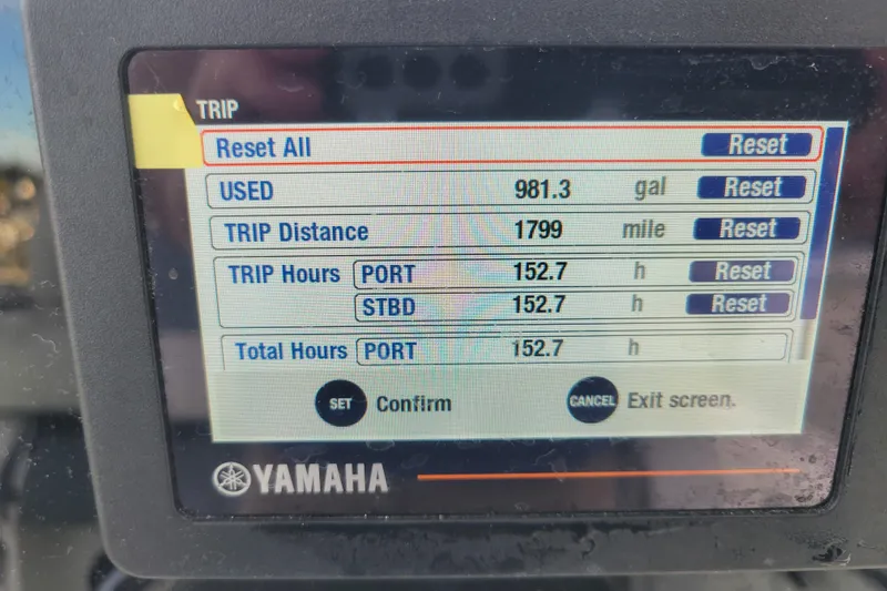 Slide: The Image of Yamaha display showing trip data for 2020 Tidewater 2700 Carolina Bay boat. - 11
