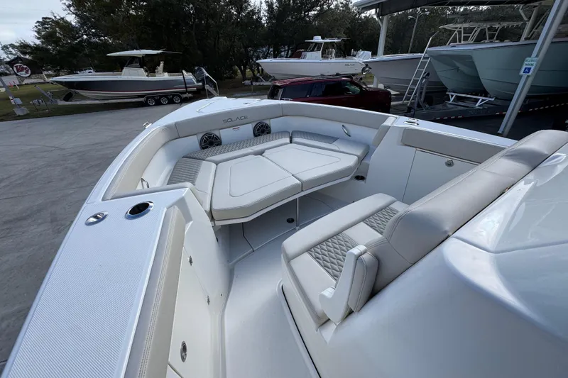Slide: The Image of 2026 Solace 30 CS boat interior with luxurious seating and modern design. - 20
