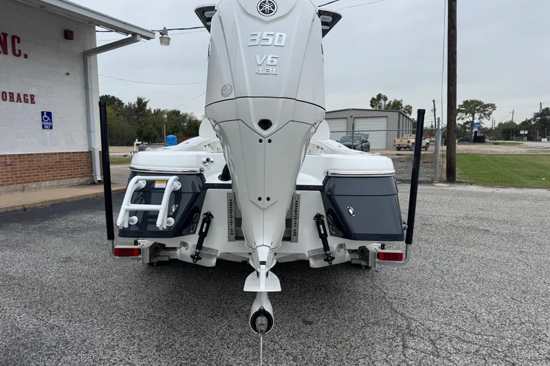 Slide: The Image of Rear view of 2026 BlackJack 256 Coastal boat with Yamaha 350 V6 engine. - 3