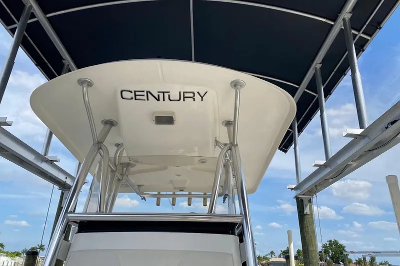 Slide: The Image of 2005 Century 2900 Center Console boat under a canopy, viewed from below. - 16