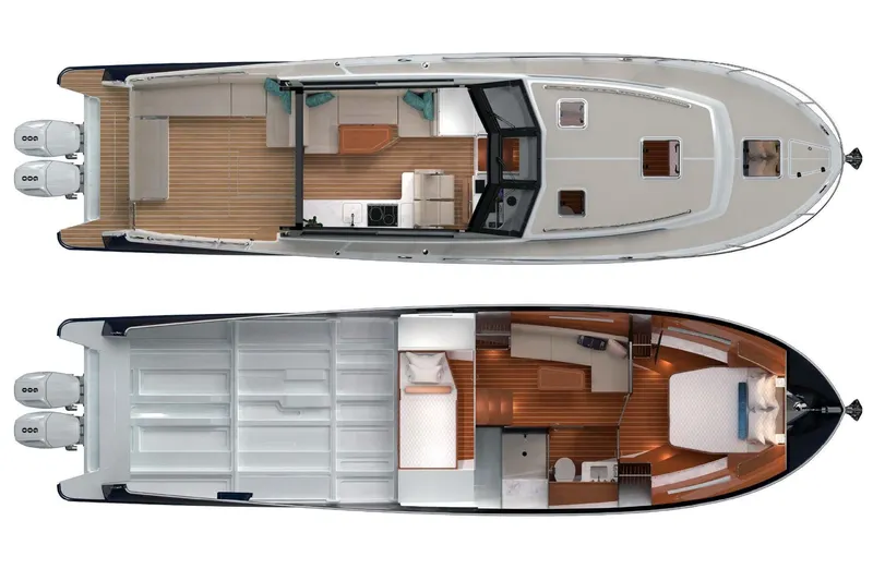 Slide: The Image of MJM 42 Yacht 2025, top and lower deck plans, luxurious design. - 5