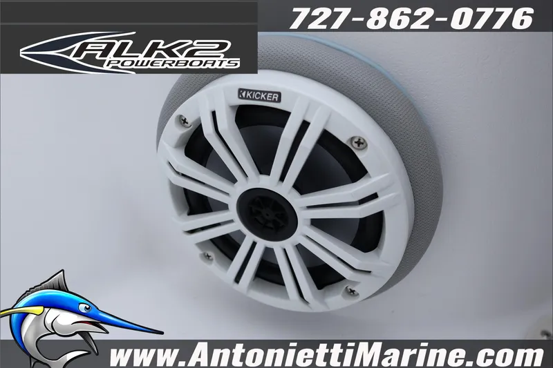 Slide: The Image of ALK2 Powerboats 23 CRX 2026 model with Kicker speaker, Antonietti Marine branding. - 12
