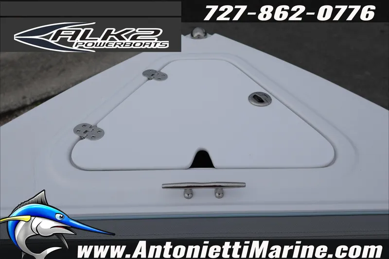 Slide: The Image of 2026 ALK2 Powerboats 23 CRX bow with hatch, logo, and contact details. - 22