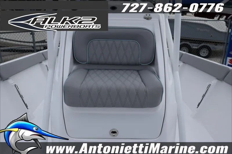 Slide: The Image of 2026 ALK2 Powerboats 23 CRX seat with gray upholstery, showcased by Antonietti Marine. - 24