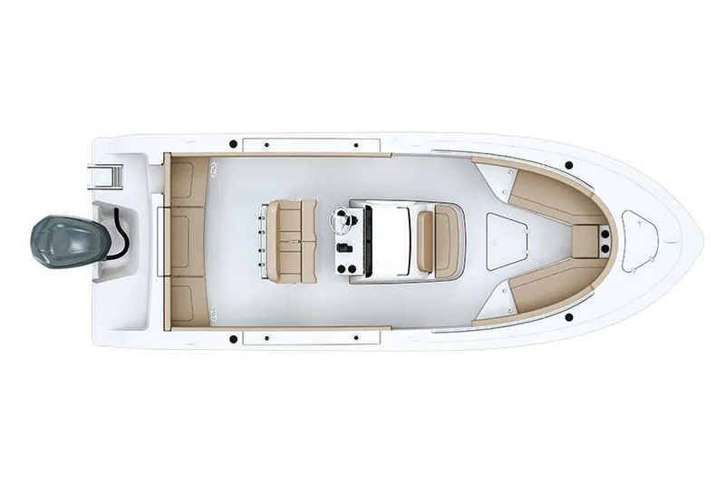 Slide: The Image of 2019 Sportsman Heritage 241 Center Console boat interior with beige seating and modern controls. - 16