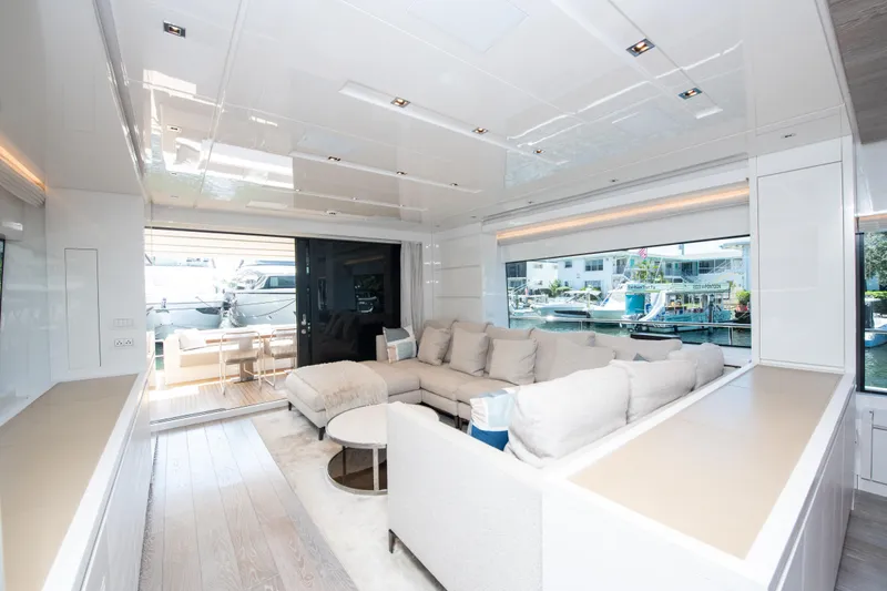 Slide: The Image of Luxurious interior of 2022 Sanlorenzo SL78 yacht with modern furnishings and large windows. - 15