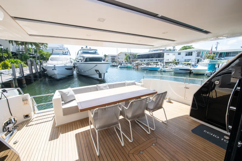 Slide: The Image of Luxury Sanlorenzo SL78 yacht deck with dining area, docked in a marina, 2022 model. - 8