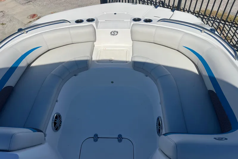 Slide: The Image of 2021 Hurricane SunDeck Sport 188 OB boat interior with spacious seating and cup holders. - 13