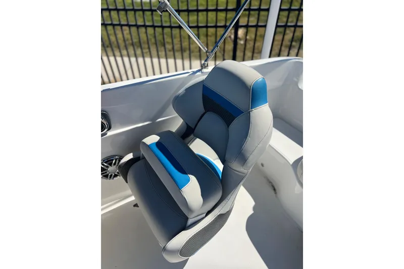Slide: The Image of 2021 Hurricane SunDeck Sport 188 OB boat seat with blue and gray upholstery. - 9