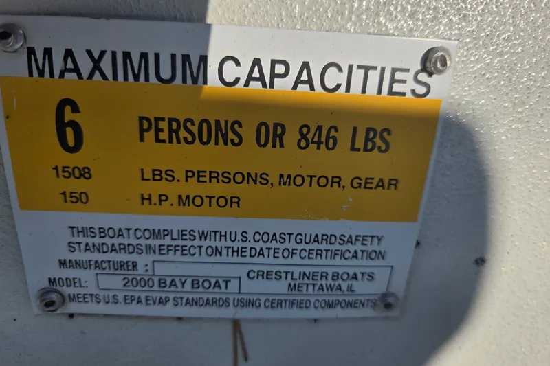Slide: The Image of 2020 Crestliner 2000 Bay capacity plate: 6 persons or 846 lbs, 150 HP motor. - 9