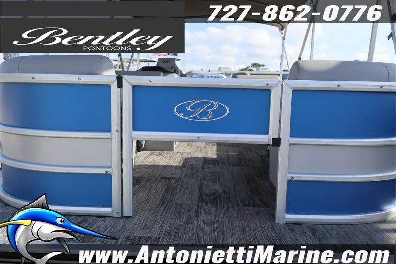 Slide: The Image of 2026 Bentley Pontoons 243 Fish-N-Cruise boat, blue and silver design, Antonietti Marine. - 13