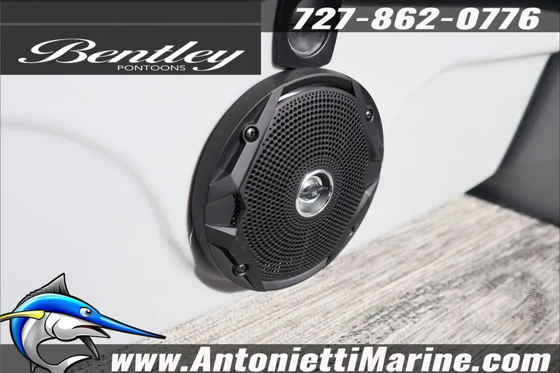 Slide: The Image of 2026 Bentley Pontoons 243 Fish-N-Cruise speaker detail with contact information. - 15