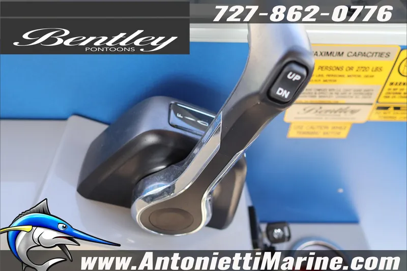 Slide: The Image of Throttle control of 2026 Bentley Pontoons 243 Fish-N-Cruise, featuring contact details and logo. - 25