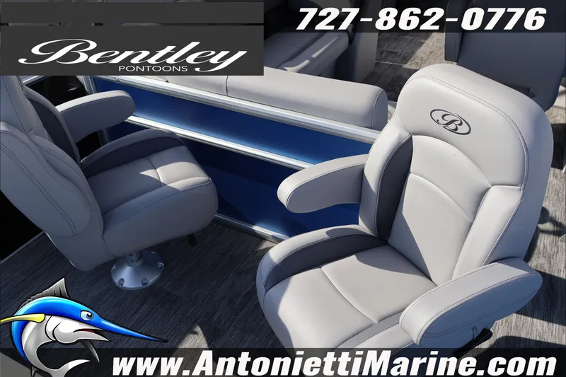 Slide: The Image of 2026 Bentley Pontoons 243 Fish-N-Cruise boat seats, featuring luxurious gray upholstery. - 31