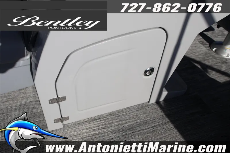 Slide: The Image of 2026 Bentley Pontoons 243 Fish-N-Cruise interior detail with logo and contact information. - 39