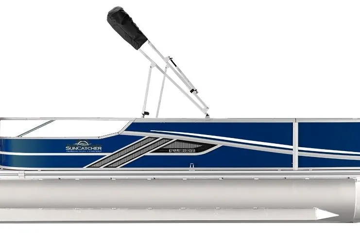 Slide: The Image of 2026 SunCatcher Fusion 322SS pontoon boat, blue and silver design, side view. - 2