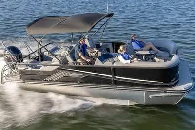 The Image of SunCatcher Fusion 322SS 2026 pontoon boat on the water. - 0
