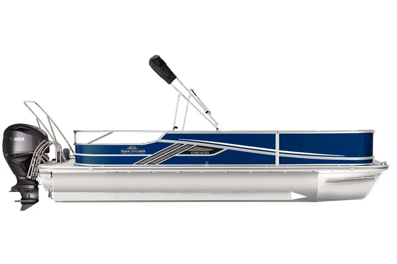 Slide: The Image of 2026 SunCatcher Fusion 322SS pontoon boat with Yamaha outboard motor, side view. - 2