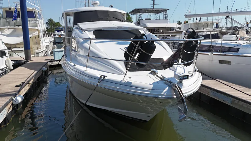 Slide: The Image of 2007 Sea Ray 40 Motor Yacht docked at marina, top view. - 4