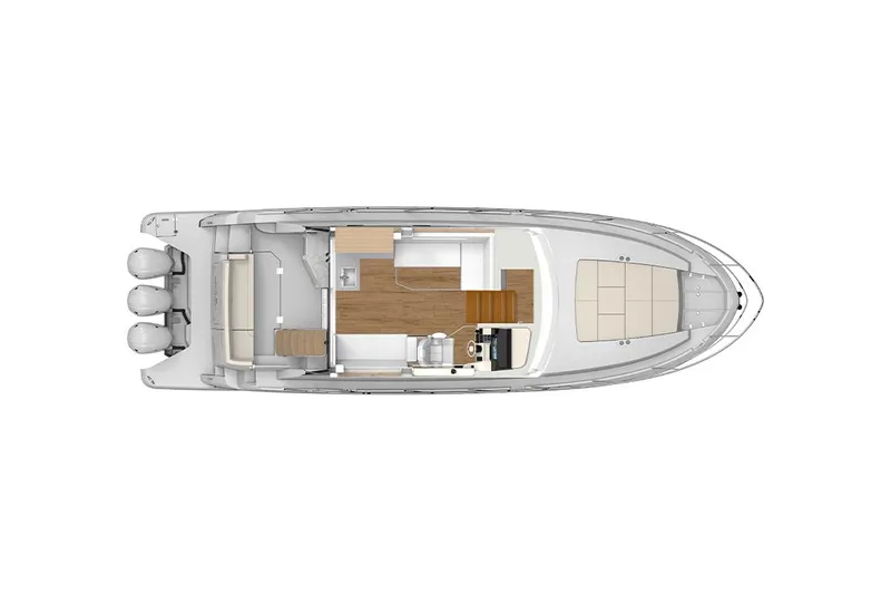 Slide: The Image of 2025 Regal 38 FXO helm seat with white upholstery and wooden flooring. - 22