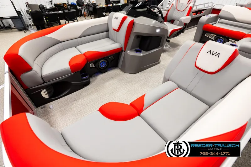 Slide: The Image of 2026 Avalon LSZ Vrl boat interior with red and gray seating, modern design. - 10