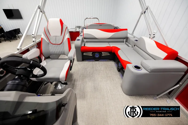 Slide: The Image of Interior of 2026 Avalon LSZ Vrl pontoon boat with modern seating and steering wheel. - 14