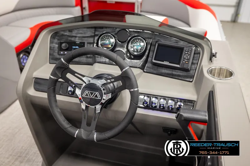 Slide: The Image of Steering console of 2026 Avalon LSZ Vrl boat with modern controls and dashboard. - 29
