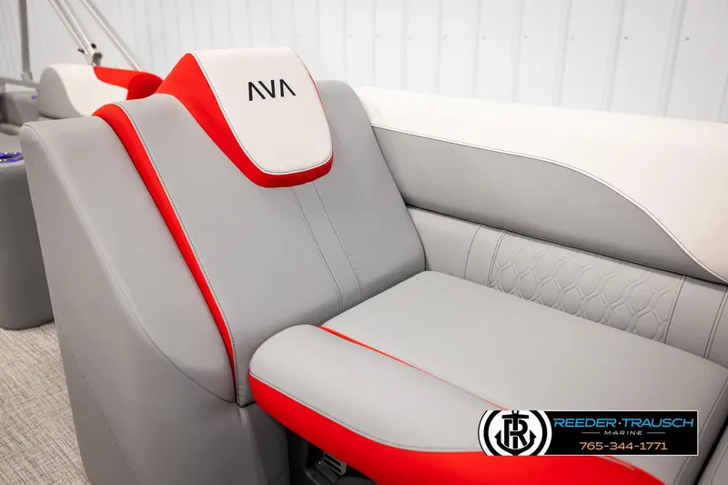 Slide: The Image of 2026 Avalon LSZ Vrl boat seat with gray and red upholstery, featuring Reeder-Trausch Marine logo. - 40