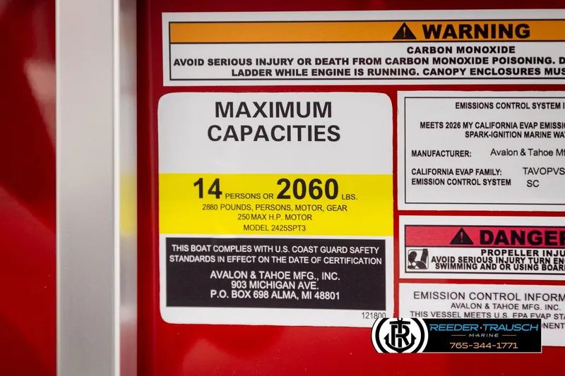 Slide: The Image of 2026 Avalon LSZ Vrl capacity label: 14 persons, 2060 lbs, safety warnings included. - 51