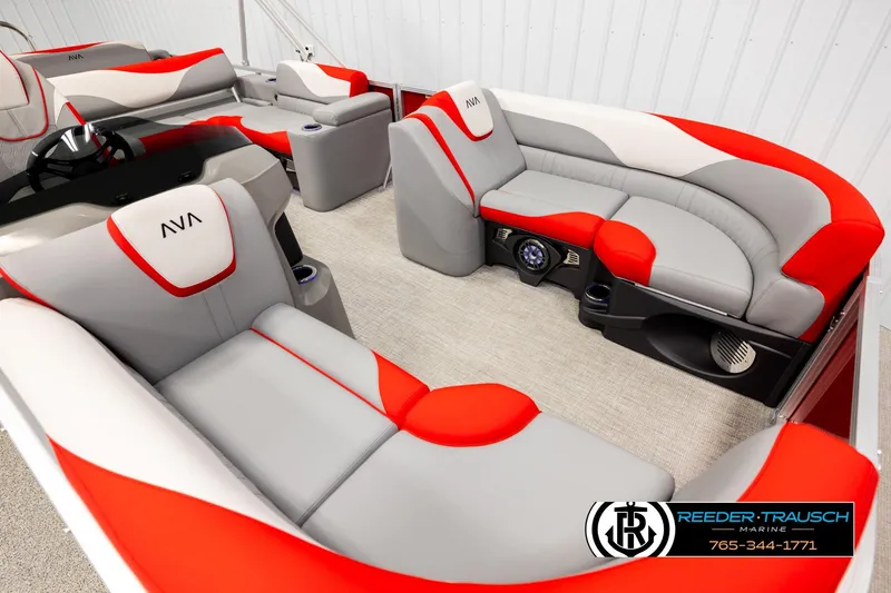 Slide: The Image of 2026 Avalon LSZ Vrl boat interior with red and gray seating, modern design. - 9